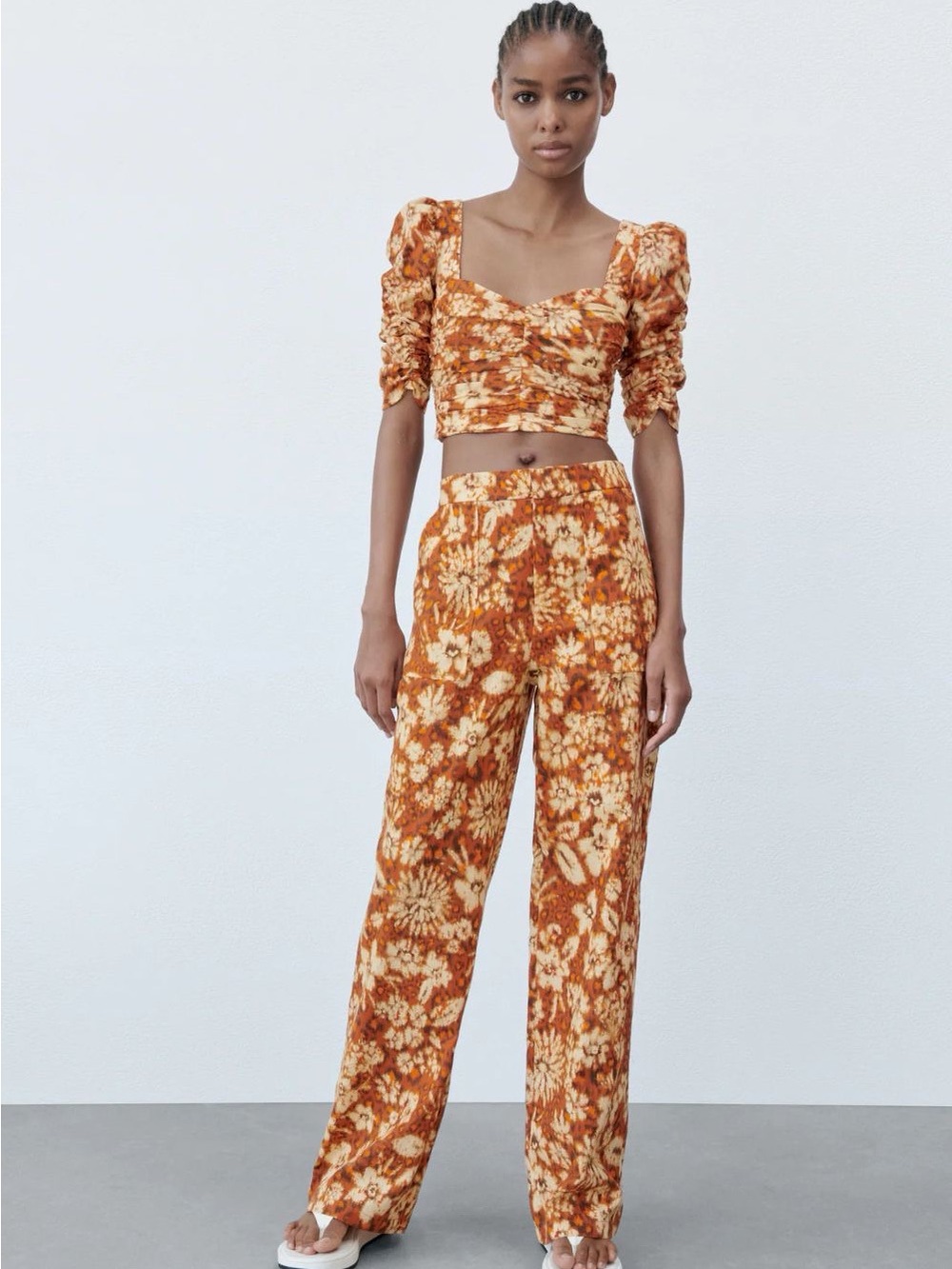 Zara Floral Ruched Crop Top & Wide Leg Pants Co-Ord Set XS/S Orange Boho Y2K - Picture 16 of 16